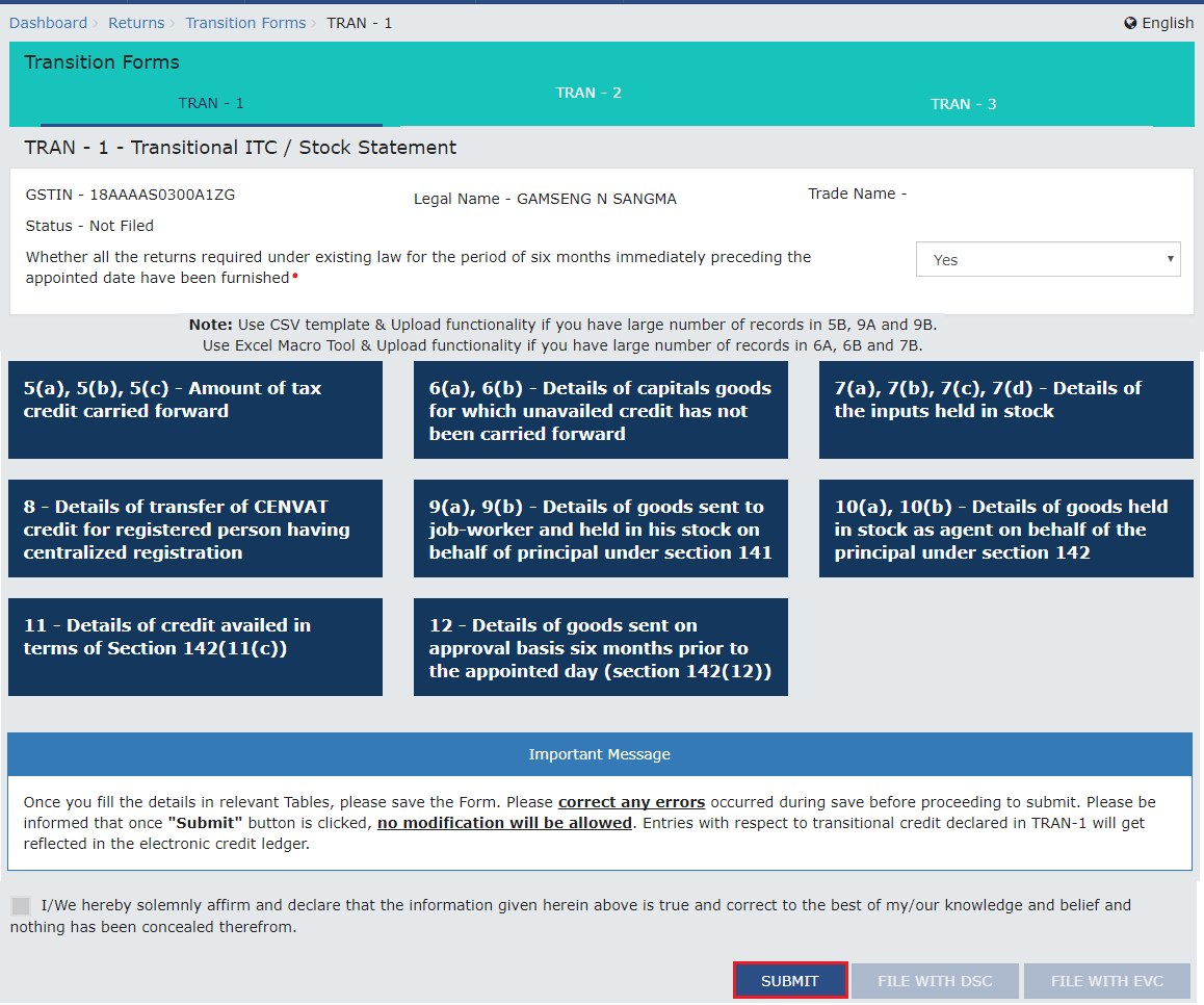 GST Filing TRAN-1