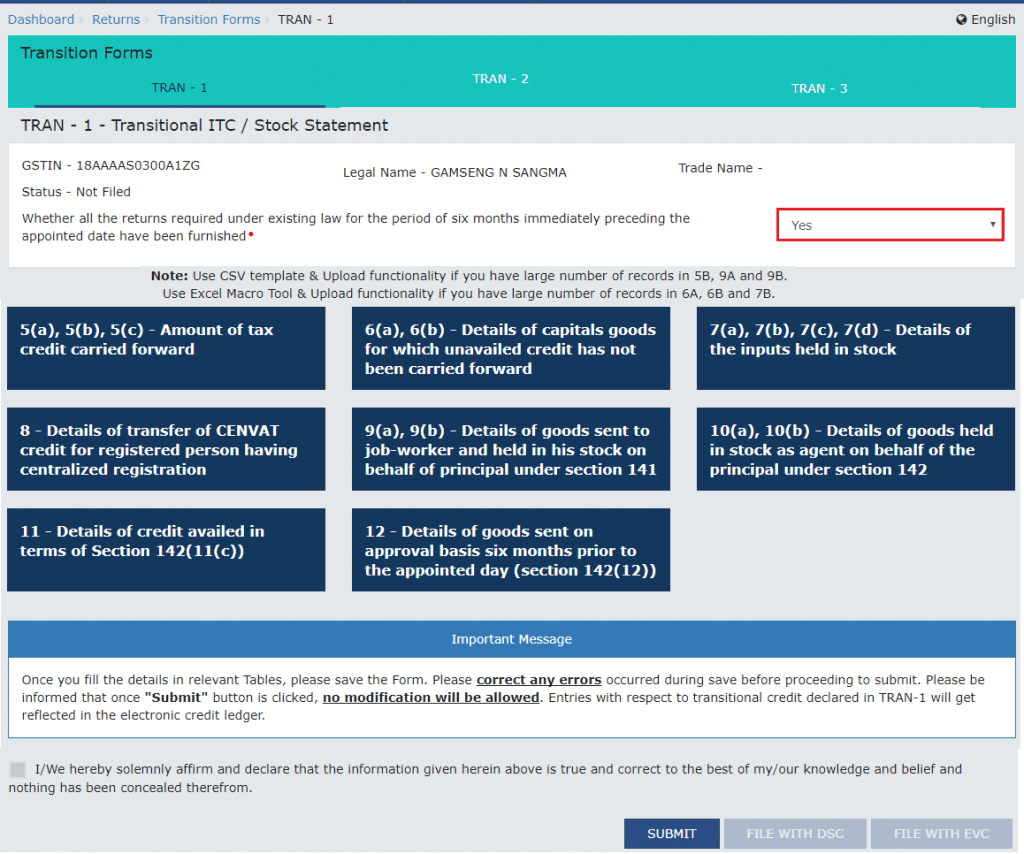 GST TRAN-1 Filing