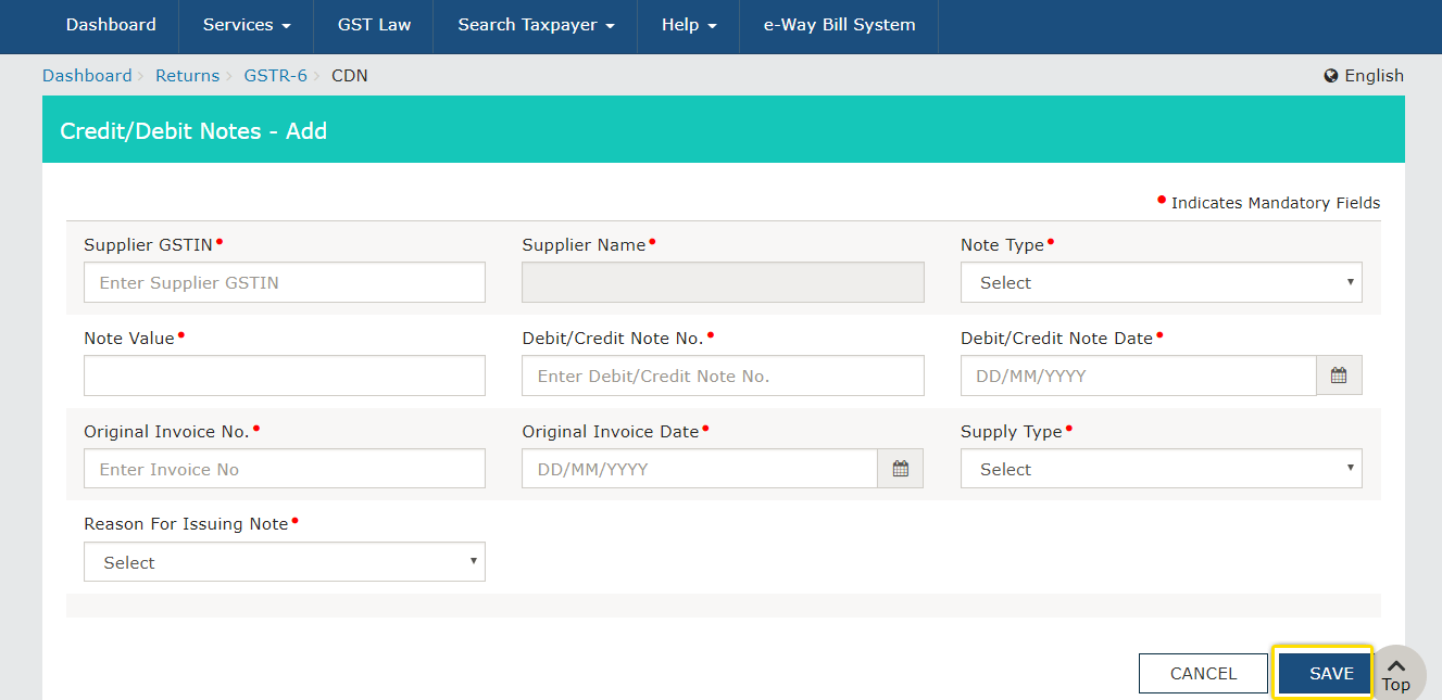 GSTR-6 Debit Notes Credit Notes form