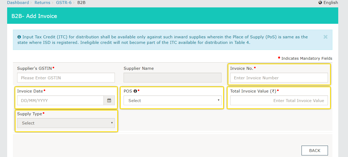 GSTR-6 ITC Invoice Details Form